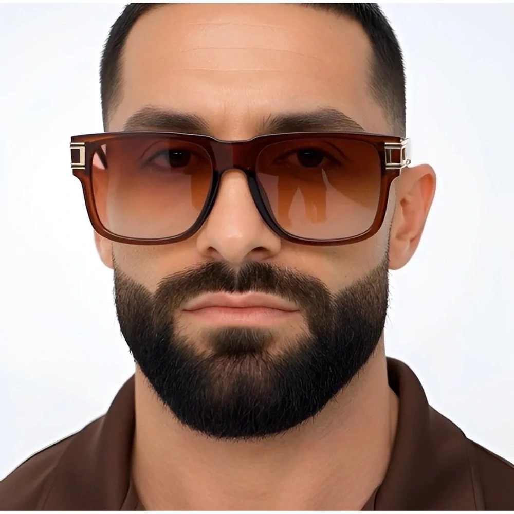 Mens Square‎ Oversized Sunglasses Brown Gradient Sophisticated Flat Top Shades